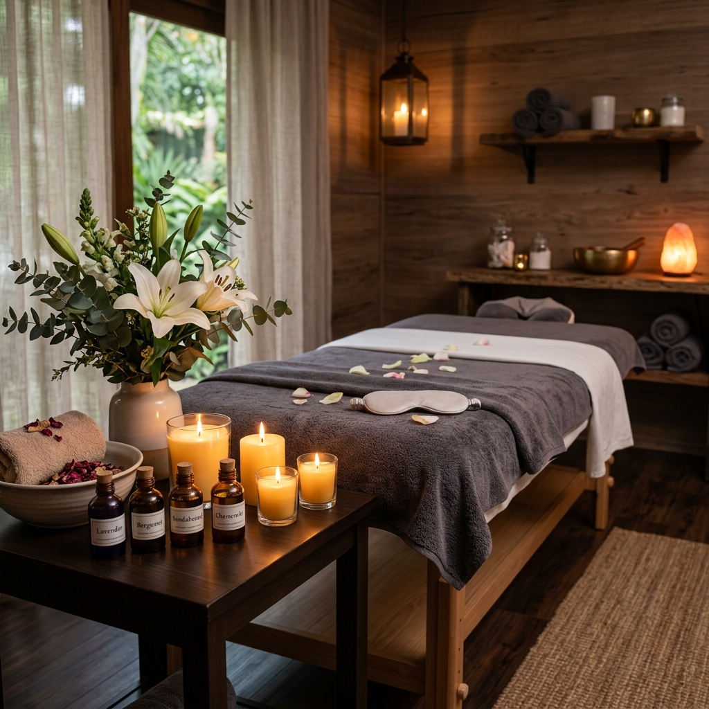 Aroma massage therapy room with essential oils at Sank Spa in Ibrahim Bagh, Hyderabad