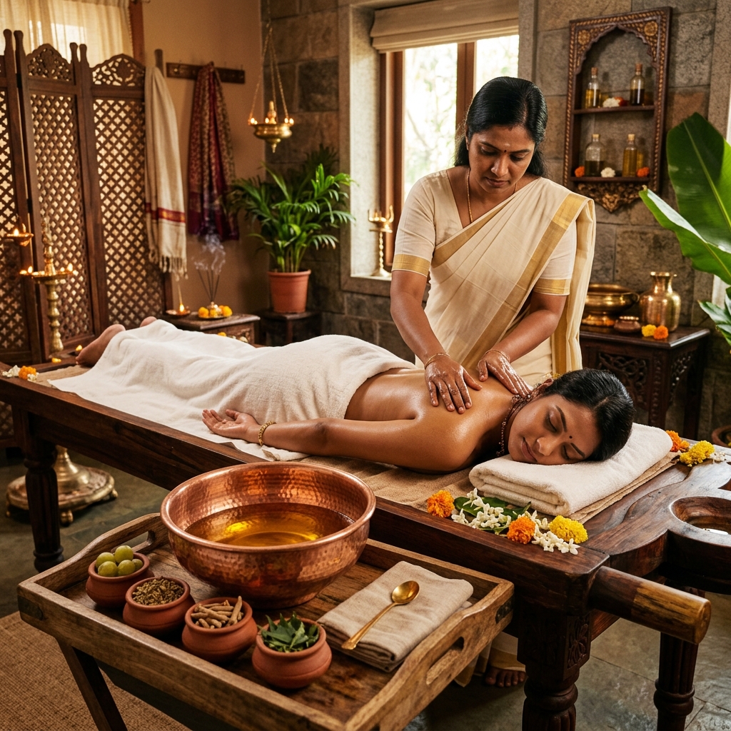 A massage therapist performing an Ayurveda massage on a client at Sank Spa in Ibrahim Bagh, Hyderabad