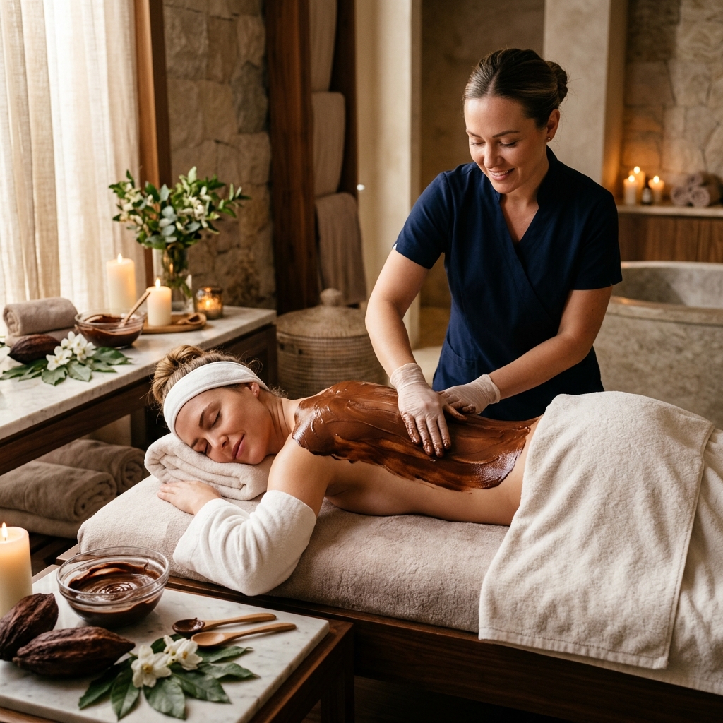 A massage therapist performing a chocolate massage on a client at Sank Spa in Ibrahim Bagh, Hyderabad