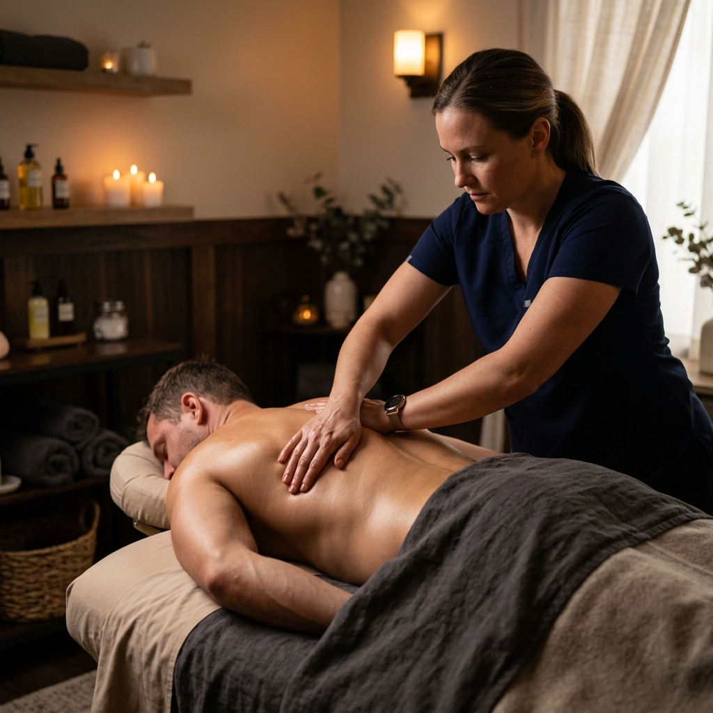 A massage therapist performing a deep tissue massage on a client at Sank Spa in Ibrahim Bagh, Hyderabad